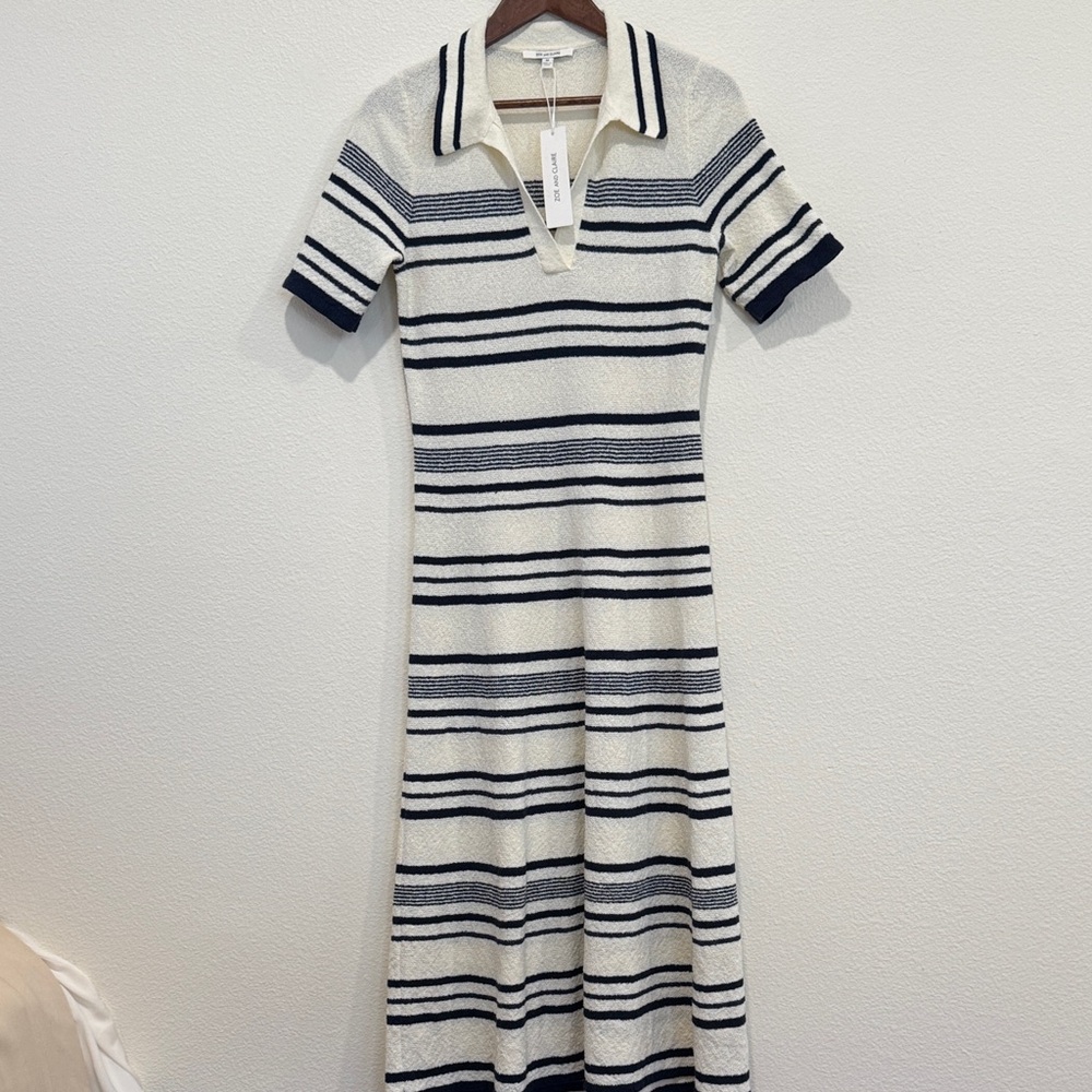 Zoe and Claire Striped Navy and White Midi Polo Dress - Picture 9 of 10